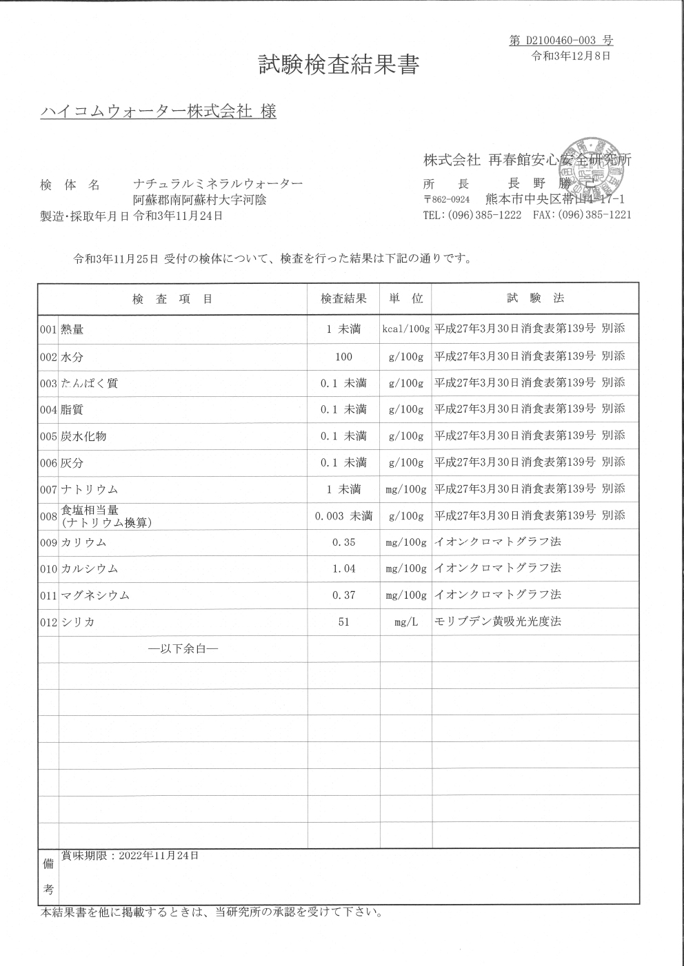 水質検査試験結果書